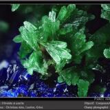 Olivenite and Azurite<br />Christiana Mine, Kamariza Mines, Agios Konstantinos, Lavrion Mining District, Attikí (Attica) Prefecture, Greece<br />fov 3 mm<br /> (Author: ploum)