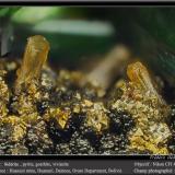 Siderite, Pyrite, Goethite and VivianiteMina Huanuni, Huanuni, Provincia Dalence, Departamento Oruro, Boliviafov 4.5 mm (Author: ploum)