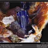 Azurite, Cerussite, Mimetite, Goethite, Barite<br />Mas Dieu, Mercoirol, Alès, Gard, Occitanie, France<br />fov 11 mm<br /> (Author: ploum)