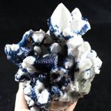 Blue Fluorite on Quartz<br />Huanggang Mines, shaft 4, Hexigten Banner (Kèshíkèténg Qí), Chifeng (Ulanhad), Inner Mongolia Autonomous Region, China<br />Size: 21*15*11.5cm      Weight:2925g<br /> (Author: Xueyan Jin)